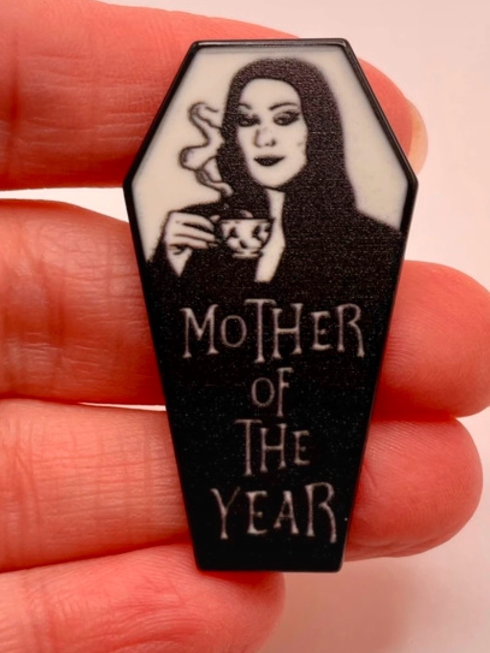 Goth Coffin Pin “Mother of the Year”- Black & White Enamel~ Morticia